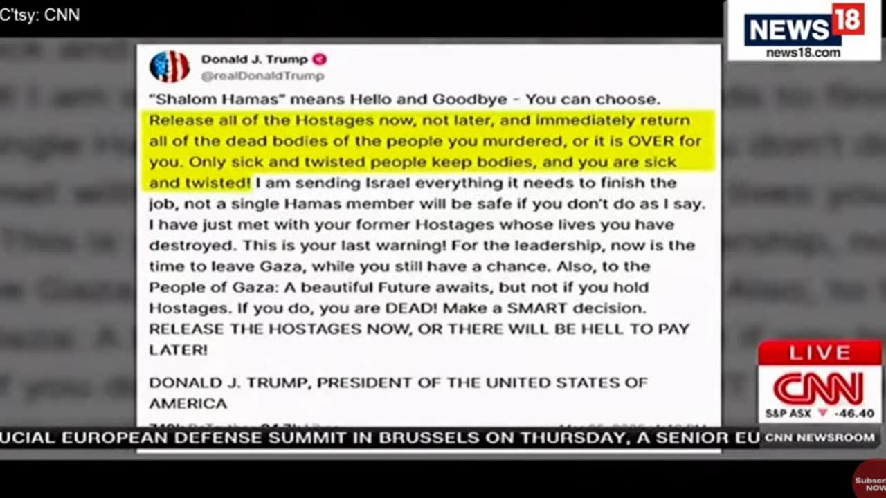 Trump Issues A Last Warning To Hamas To Release All Israeli Captives Held In Gaza or you are dead. Trump just said this