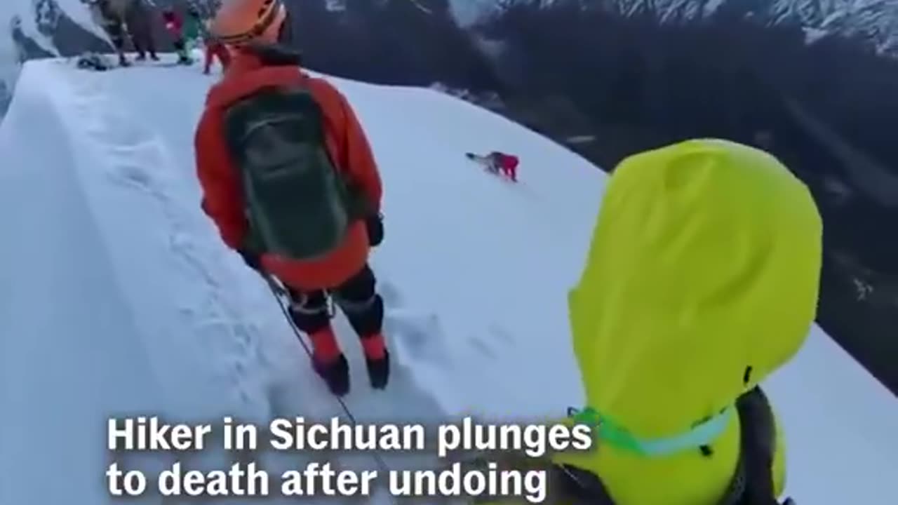 Hiker disconnects safety line for a SELFIE on a mountain top, slides off
