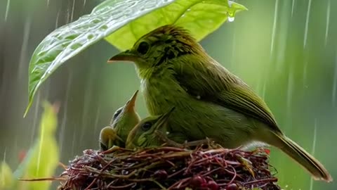 a male bird protecting the nest by holding in his beak a large leaf like an umbrella sitting