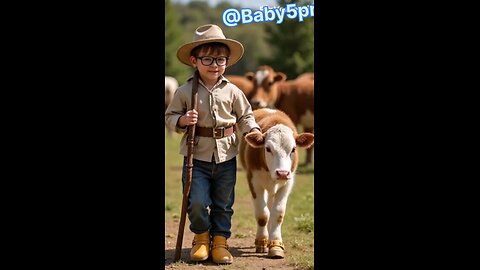 A young boy is herding young cows.🐂🧑‍🦰