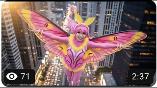 East Asian girl Rosy maple Moth Cosplayer flying in a City