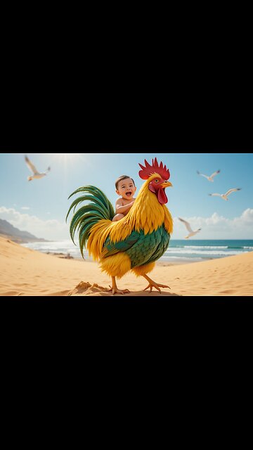 Joyful Baby Rides a Rooster at the Beach! 🐓🌊😄"