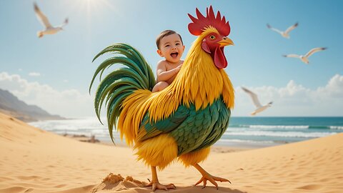 Joyful Baby Rides a Rooster at the Beach! 🐓🌊😄"