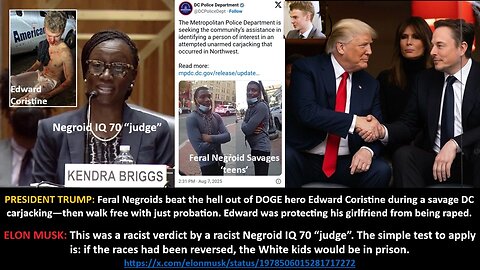 PRESIDENT TRUMP/ELON MUSK: Feral Negroids beat the hell out of DOGE hero Edward Coristine during a savage DC carjacking—then walk free with just proba-tion. Edward was protecting his girlfriend from being raped.