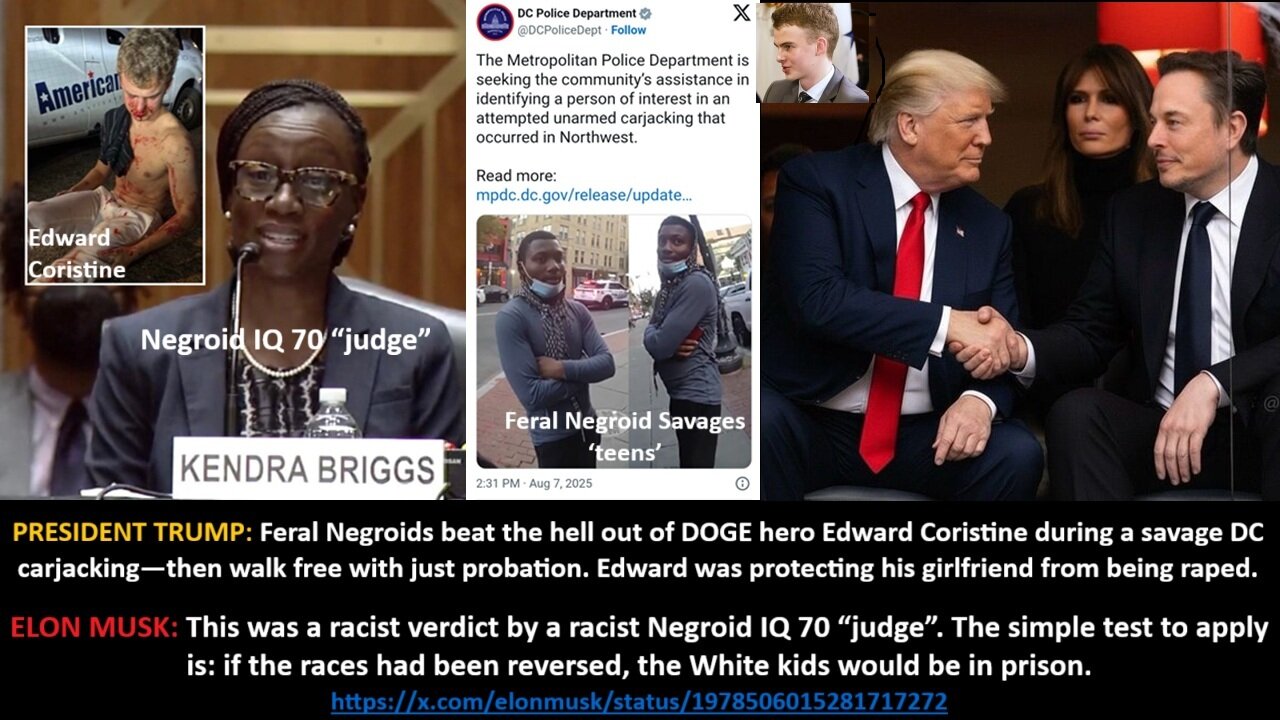 PRESIDENT TRUMP/ELON MUSK: Feral Negroids beat the hell out of DOGE hero Edward Coristine during a savage DC carjacking—then walk free with just proba-tion. Edward was protecting his girlfriend from being raped.
