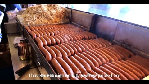 The best hot dog on the street in Chicago, big sausage with yellow mustard, it's a real treat