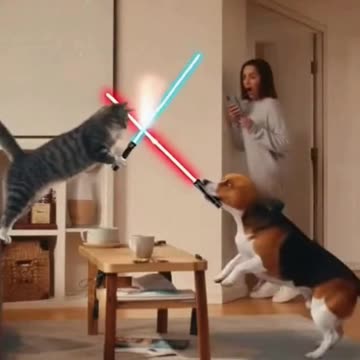 Epic Lightsaber Battle: Cat vs Dog in the Living Room!