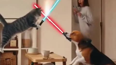 Epic Lightsaber Battle: Cat vs Dog in the Living Room!
