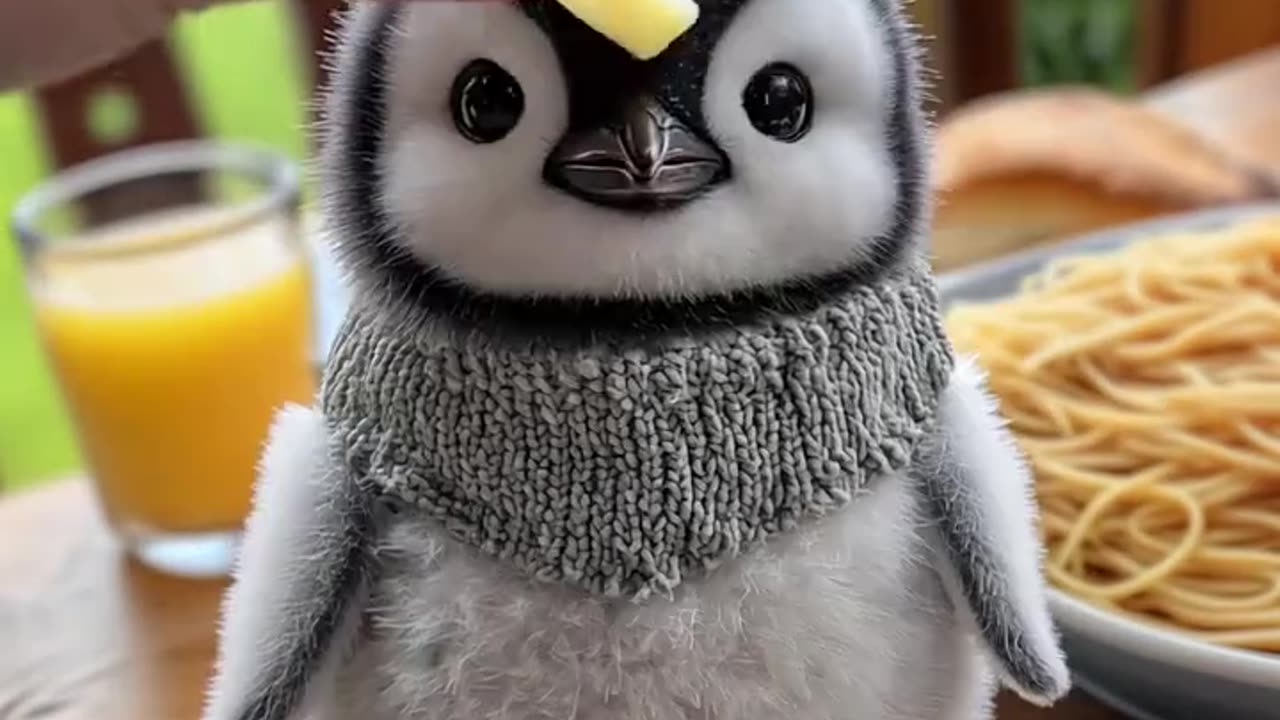 Baby penguin loves French fries