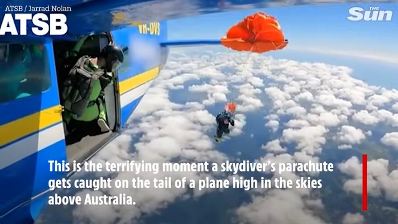 Terrifying moment skydiver’s parachute gets CAUGHT on plane’s tail leaving him hanging in mid-air