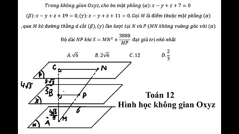 Trong không gian Oxyz,cho ba mặt phẳng (α):x-y+z+7=0 (β):x-y+z+19=0,(γ):x-y+z+11=0