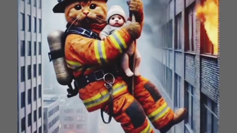 Cat helping out baby from fire