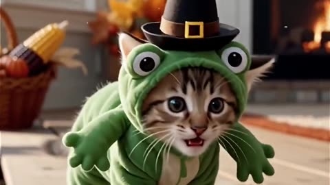 Frog Kitty’s Thanksgiving Will Melt You 🍂🐸🐱✨#cat #cute #cats #frog