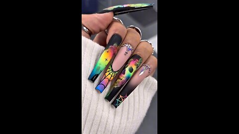 Long Square Scary Nails Art | Multicoloured Haunted Nail Design 👻💅