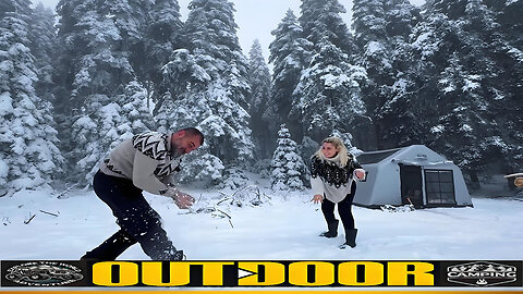 Amidst the Blizzarding Forest, Tony and His Wife Set Up a Tent Camping Base, Enjoying outdoor Life