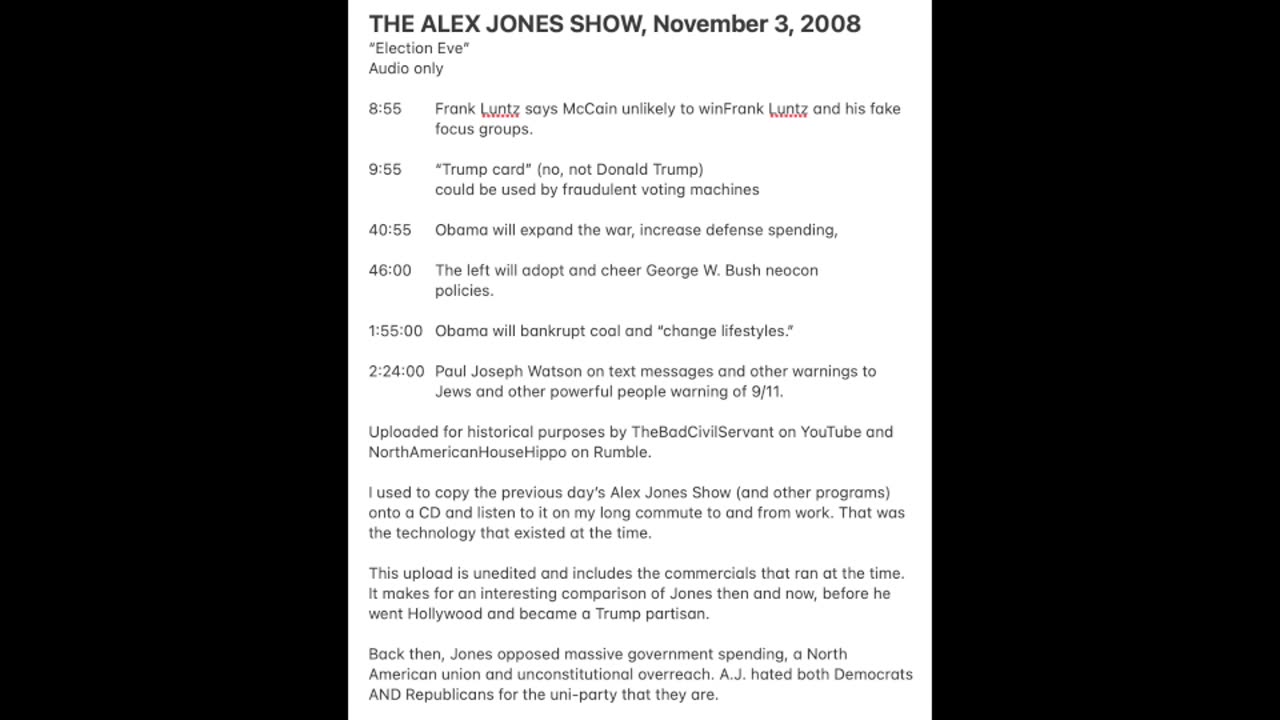 THE ALEX JONES SHOW, November 3, 2008