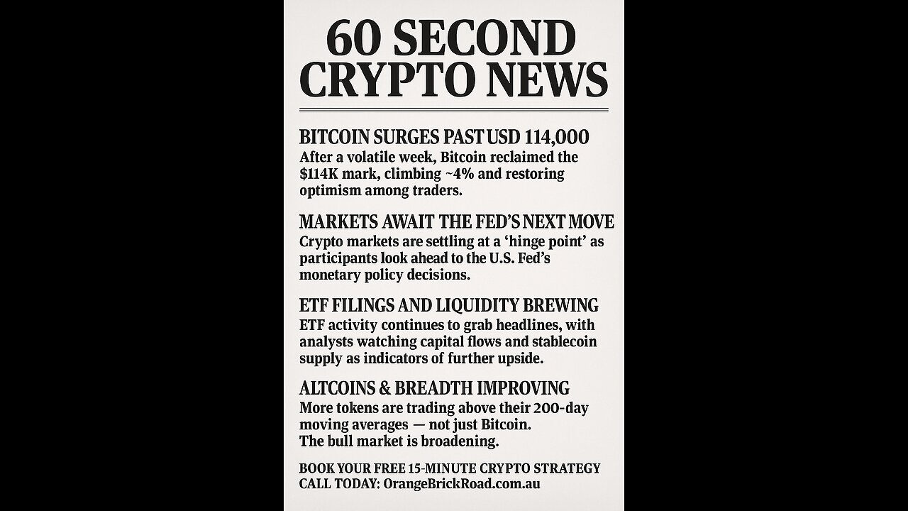 Bitcoin surges past $114K, climbing 4% and boosting market sentiment after a volatile week.