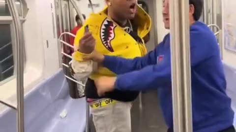 Two individuals on a train engaged in a heated dispute that escalated into a physical altercation,