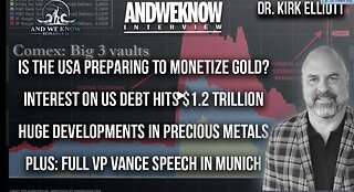 2.16.25- Dr. Elliott senses monetization of GOLD! Interest on US Debt, + DOGE update, full VP VANCE