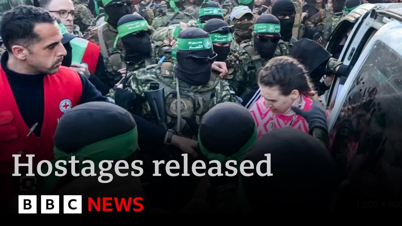 Hamas gunmen release 3 hostages in show of force as ceasefire begins | BBC News