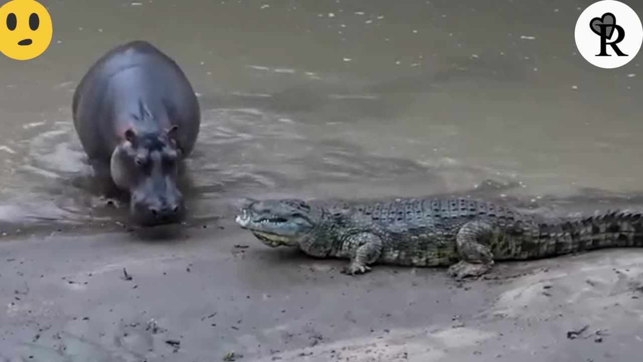 Nile Crocodile Trying To Scare A Hippo