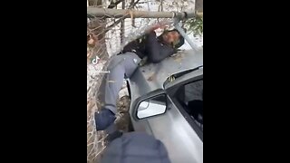 Illegal Street Takeover Goon Hits Guy With His Mustang And Pins Him Up Against A Fence