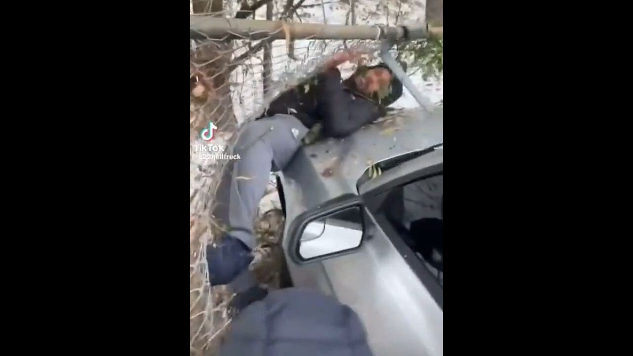 Illegal Street Takeover Goon Hits Guy With His Mustang And Pins Him Up Against A Fence