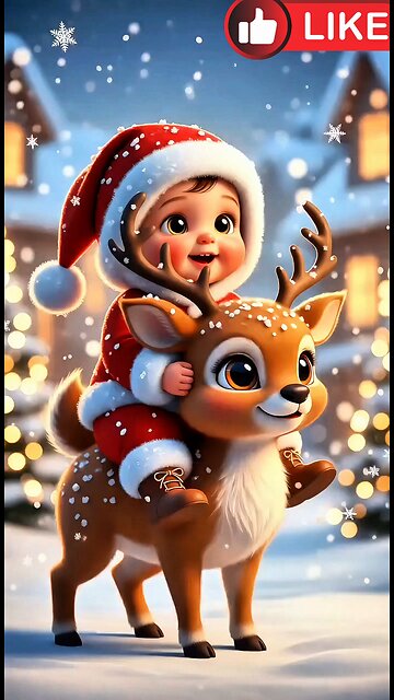Baby and deer enjoying playing in the snow on Merry Christmas Day AI generate funny in entertainment