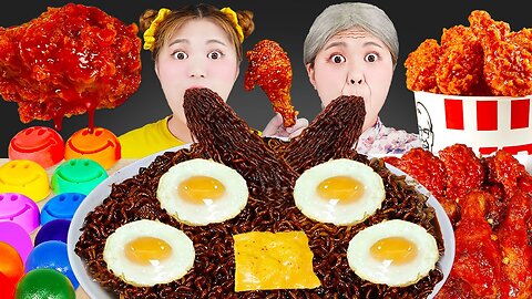 ASMR BLACK BEAN NOODLES Spicy Fire Chicken Combo