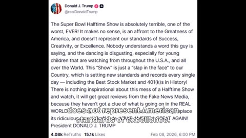 Trump Blasts Super Bowl Halftime Show The Super Bowl Halftime Show is absolutely terrible