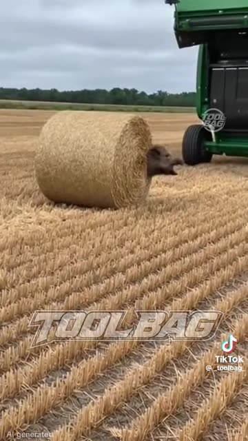 Wild boar gets stuck in hay baler