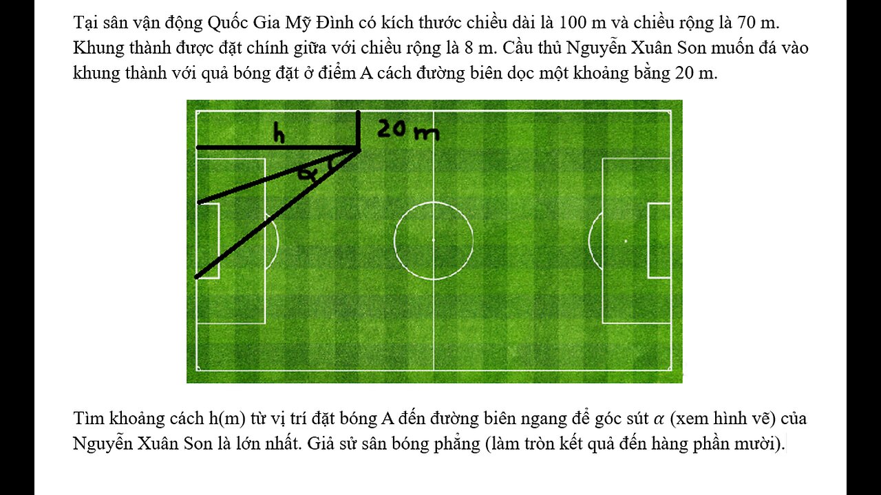 Toán 12: Tại sân vận động Quốc Gia Mỹ Đình có kích thước chiều dài là 100 m và chiều rộng là 70 m