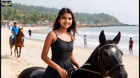 Beautiful nepali ai model horse riding photoshoot on beach - AIGlamShots