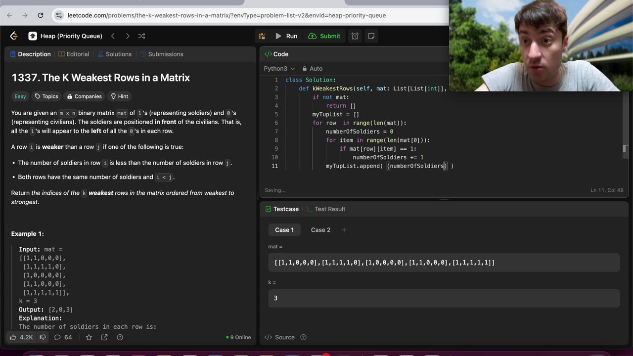 LeetCode: 1337. The K Weakest Rows in a Matrix | Amateur Works Through (and solves) 🔴LIVE