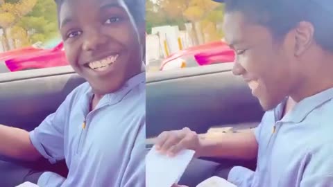 Happy boy receives his 1st McDonald’s paycheck, as his proud Mother films him opening it and reading how much he made :)