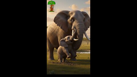 Elephant and its baby The baby elephant got stuck in the mud.