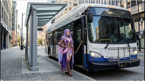 A Cosplay girl get on a New flyer XN40 Citybus
