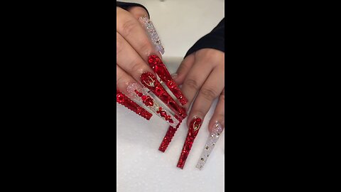 🔥 Glamorous Very Long Square Red Crystal & Stone Nails Art 💅✨