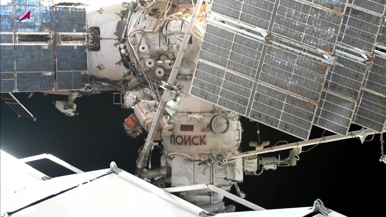 Russian cosmonauts work in space outside International Space Station