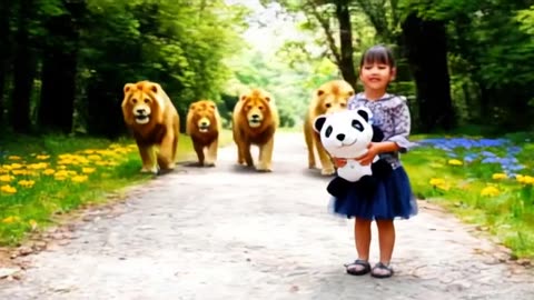 Beautyful girl playing with some lions at the forest