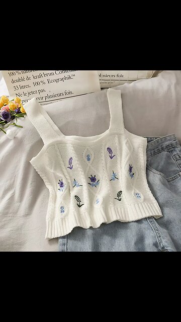 Women Embroidery Floral Cute Camis Knitted Crop Tops