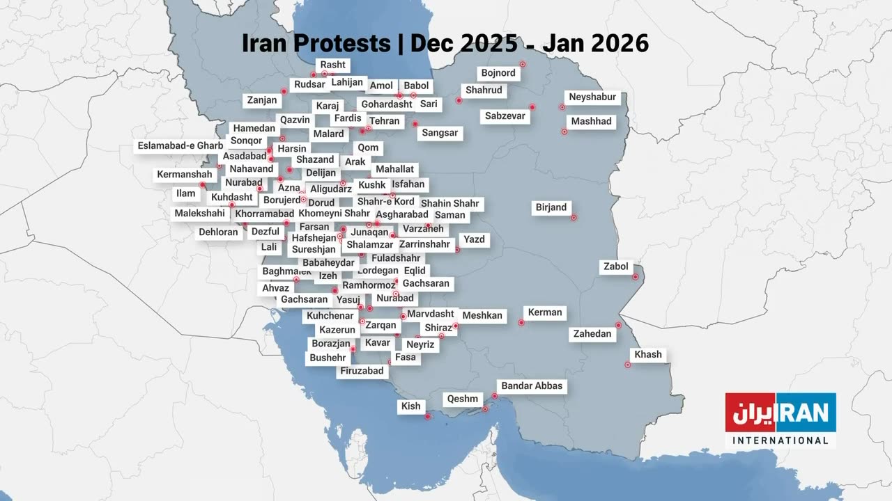 Map of cities in Iran where protests are currently taking place. 💥💥
