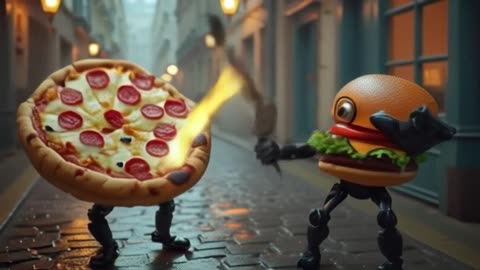 Giant pizza fights robot burgers using cheese swords!