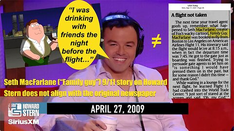 Seth MacFarlane Family Guy lied about missing Flight 11 on 9/11 911 , not drunk , RI speech August