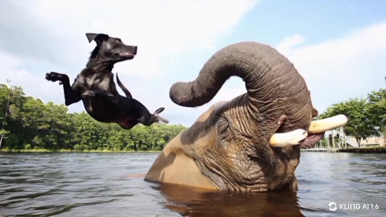 "From Calm Swim to Splash Landing: Dog's River Adventure with Elephant"