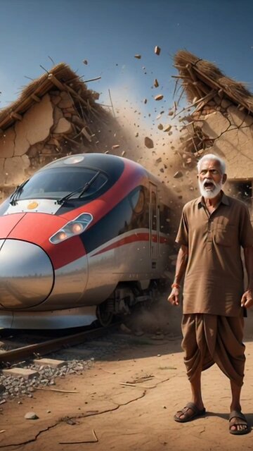Grandfather builds a bamboo house on barren land and a train hits it 😭 #ai​ #tree​ #home​ #train​