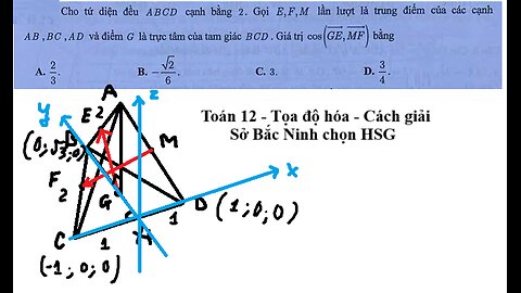 Sở Bắc Ninh HSG: Cho tứ diện đều ABCD cạnh bằng 2. Gọi E,F,M lần lượt là trung điểm các cạnh AB,BC,