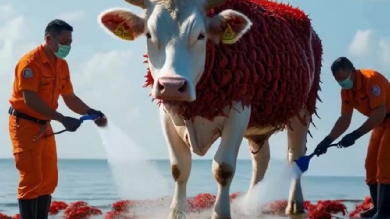 Cow covered in huge crabs and saved by rescue team