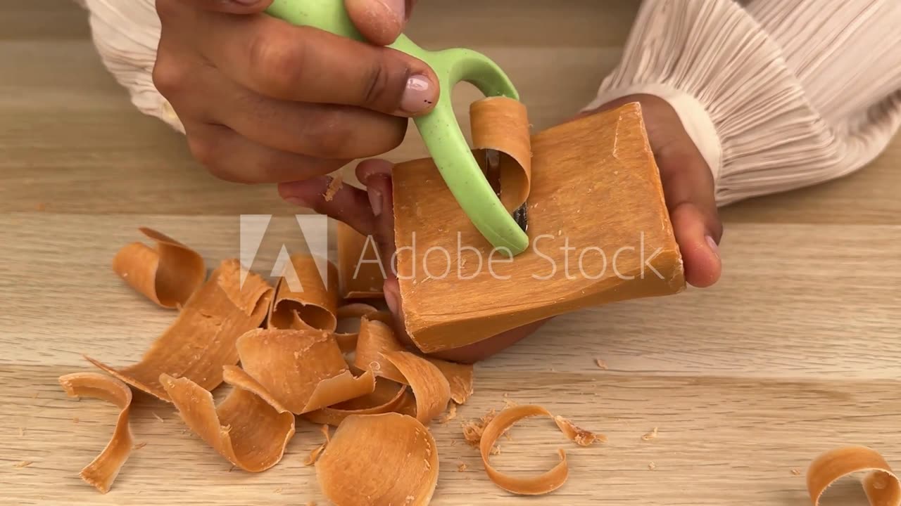 Close-Up of Carving a Soap Block with a Vegetable Peeler – Satisfying Soap Shaving and ASMR Craft