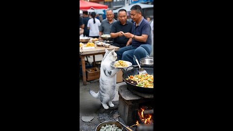 Diligent cats set up stalls to sell fried rice with eggs.